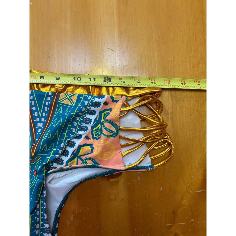 Zando Dashiki Print Strappy Bikini Set Metallic Gold Trim Teal Orange 3XL